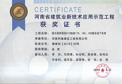 “恒大綠洲項(xiàng)目A10地塊17#、18#、19#樓及地下車(chē)庫(kù)工程”榮獲“河南省建筑業(yè)新技術(shù)應(yīng)用示范工程”金獎(jiǎng)