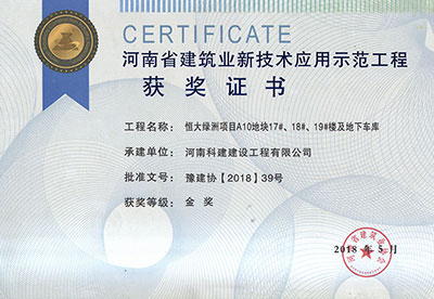 “恒大綠洲項(xiàng)目A10地塊17#、18#、19#樓及地下車(chē)庫(kù)工程”榮獲“河南省建筑業(yè)新技術(shù)應(yīng)用示范工程”金獎(jiǎng)